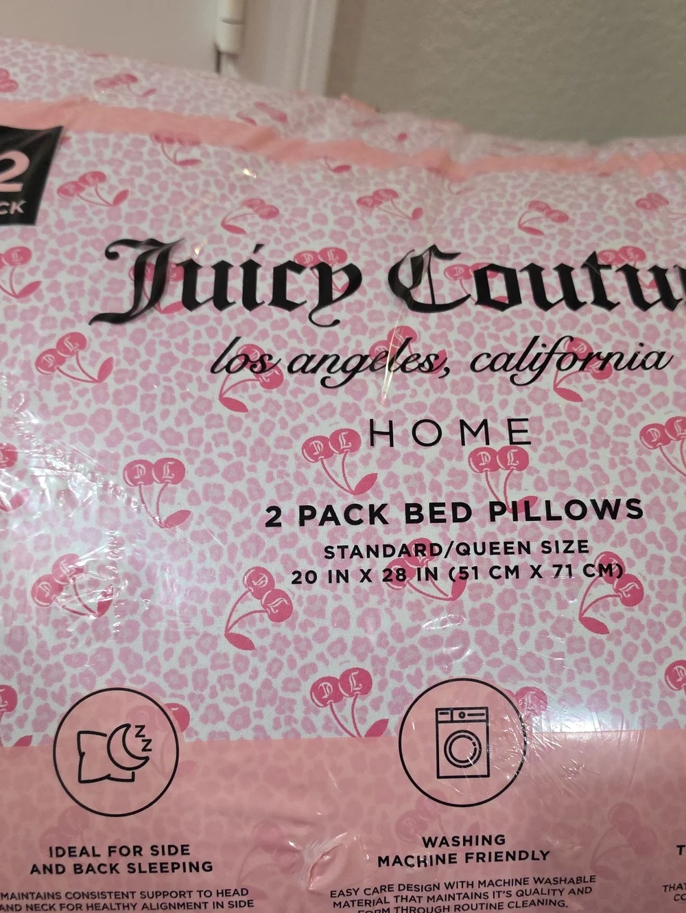 Juicy Couture Pink Home Cherries Leopord Print 2-Pack Jumbo Bed Pillows